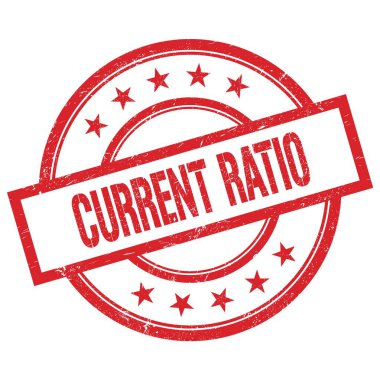 CURRENT RATIO metin kırmızı yuvarlak vintage kauçuk damga üzerine yazılmış.