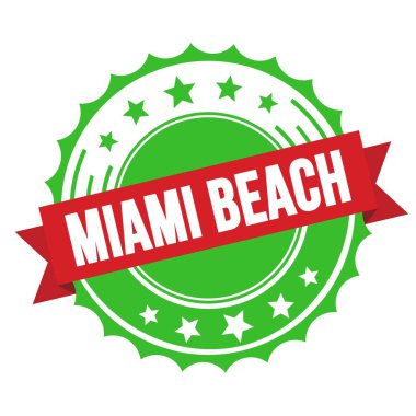 MIAMI BEACH kırmızı yeşil rozet damgalı metin.