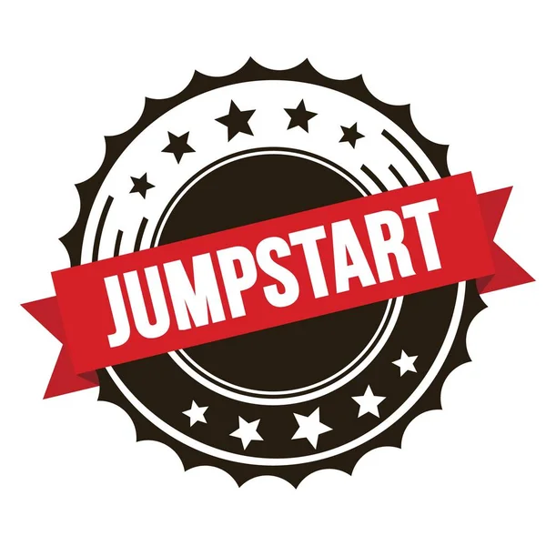 红棕色缎带章上的Jumpstart文字 — 图库照片