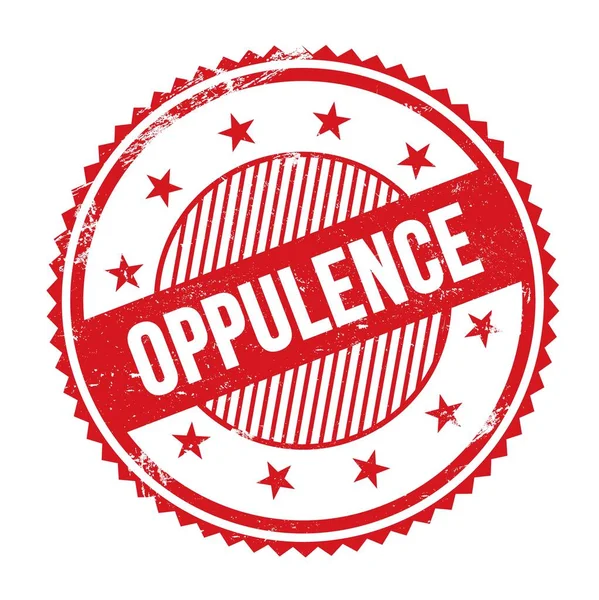 Kırmızı grungy zig zag kenarlarında yazılmış OPPULENCE metni yuvarlak pul.