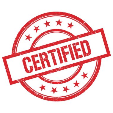 Kırmızı yuvarlak vintage kauçuk damga üzerine yazılmış CERTIED metin.