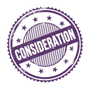 Mor indigo grungy zig zag kenarları üzerine yazılmış CONSIDERATION metni yuvarlak pul.