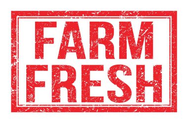 FARM FRESH, kırmızı dikdörtgen mühür işareti üzerine yazılmış kelimeler