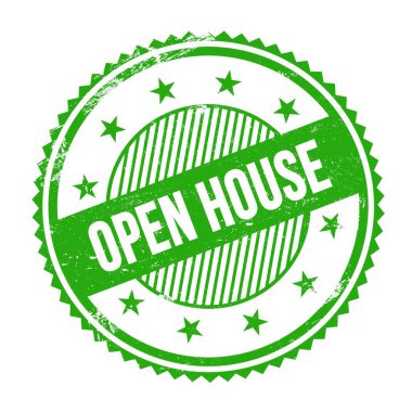 Açık Ev metni yeşil grungy zig zag kenarları yuvarlak pul üzerine yazılmış.