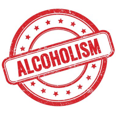 Kırmızı, eski, pasaklı, yuvarlak lastik damga üzerine ALCOHOLISM metni.