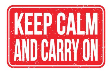 CALM VE CARRY OL, kırmızı dikdörtgen damgası üzerine yazılmış kelimeler