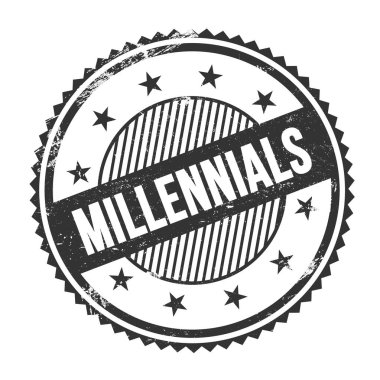 Siyah grungy zig zag kenarları üzerinde yazılmış MILLENNIALS metni yuvarlak pul.