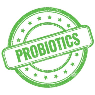 Yeşil vintage grungy yuvarlak kauçuk damga üzerine PROBIOTICS metin.