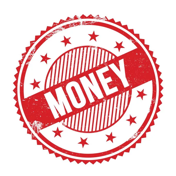 Kırmızı grungy zig zag kenarları üzerine yazılmış para metni yuvarlak pul.
