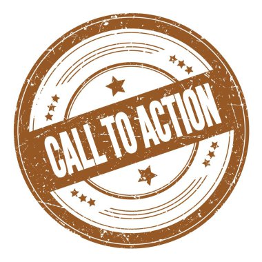 Kahverengi yuvarlak dokuma damgası üzerindeki Eylem metnine çağrı.