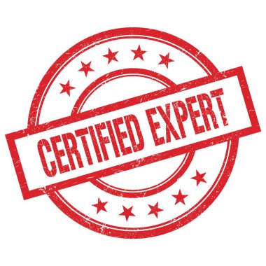 Kırmızı yuvarlak lastik damga üzerine yazılmış CERTIFIED Uzman metin.