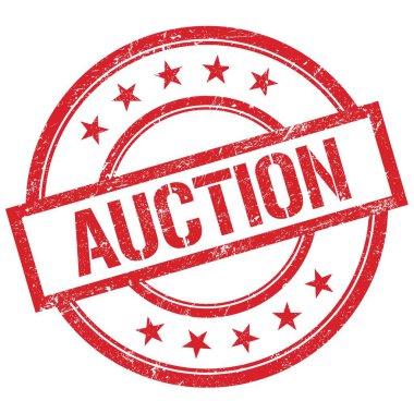 Açık Artırma metni kırmızı yuvarlak vintage kauçuk damga üzerine yazılmış.