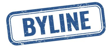 Mavi grungy vintage dikdörtgen damgalı BYLINE metni.