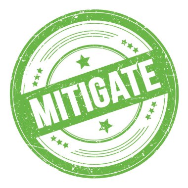 Yeşil yuvarlak grungy doku damgası üzerine MITIGATE metin.