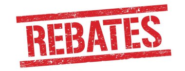 Kırmızı grungy dikdörtgen damga işareti üzerinde REBATES metin.