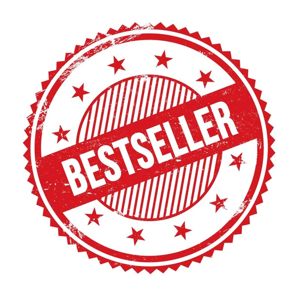 Tekst Bestseller Napisany Czerwonym Grungy Zygzakowate Granice Okrągły Znaczek — Zdjęcie stockowe