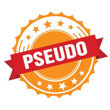 PSEUDO text on red orange ribbon badge stamp.