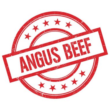 ANGUS BEEF 'in kırmızı, yuvarlak, lastik damgalı metni.