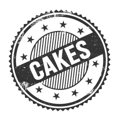 Siyah grungy zig zag kenarları üzerinde yazılmış CAKES metni yuvarlak pul.