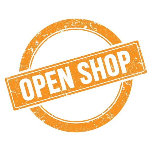 Open Shop Text Orange Grungy Runda Vintage Stämpel — Stockfoto