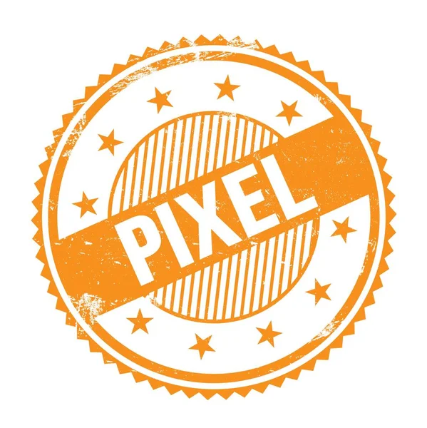 Pixel Text Auf Orangefarbenem Grungy Zick Zack Rand Runde Marke — Stockfoto