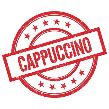 Kırmızı yuvarlak plastik damga üzerine yazılmış CAPPUCCINO metni.