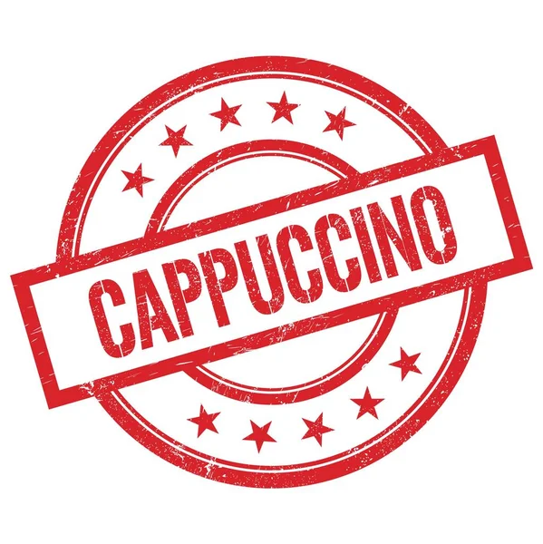 Kırmızı yuvarlak plastik damga üzerine yazılmış CAPPUCCINO metni.