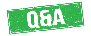 Q&A text on green grungy rectangle stamp sign.