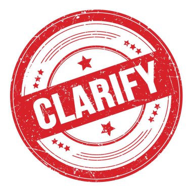 Kırmızı yuvarlak, pasaklı desen damgalı CLARIFY metin.