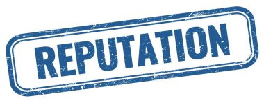 Mavi grungy vintage dikdörtgen damgalı REPUTATION metni.