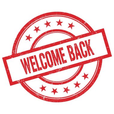 Kırmızı, yuvarlak, lastik damgalı hoş geldin mesajı..