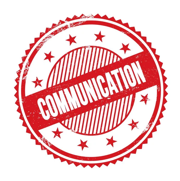 Kırmızı grungy zig zag kenarlarında yazılmış COMUNICATION metni yuvarlak pul.