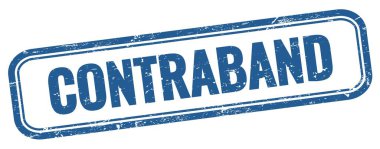 Mavi grungy vintage dikdörtgen damgalı CONTRABAND metni.