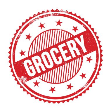 GROCERY metin kırmızı grungy zig zag kenarları yuvarlak pul üzerine yazılmış.