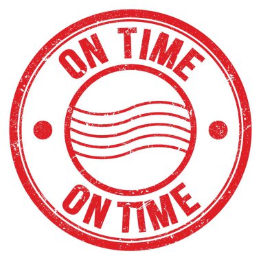 ON TIME kelimesi kırmızı yuvarlak posta pulu işareti üzerine yazılmış