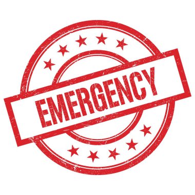 EMERGENCY metin kırmızı yuvarlak vintage kauçuk damga üzerine yazılmış.