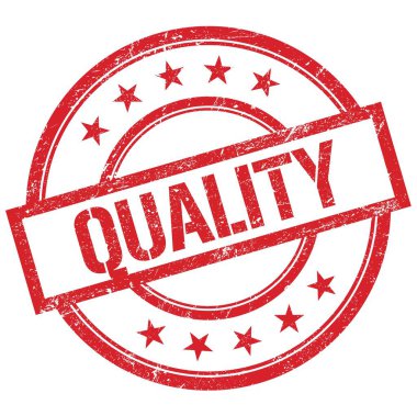 Kırmızı yuvarlak vintage kauçuk damga üzerine yazılmış nitelik metni.