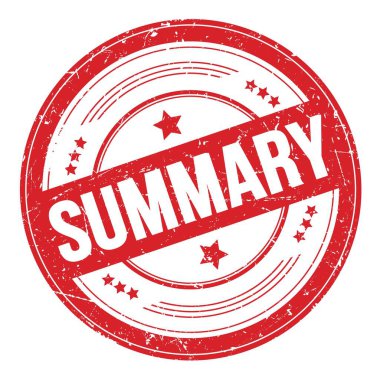 SUMMARY text on red round grungy texture stamp.