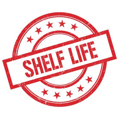 SHELF HAYAT metni kırmızı, yuvarlak, lastik damga üzerine yazılmış.