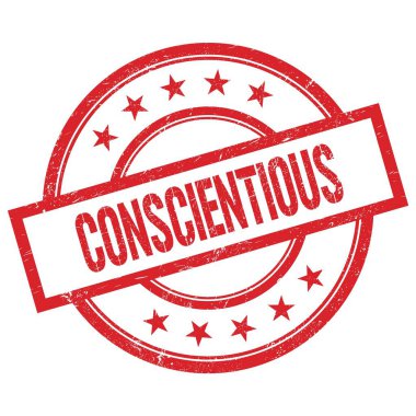 Kırmızı, yuvarlak, lastik damga üzerine yazılmış bilinçli bir metin..