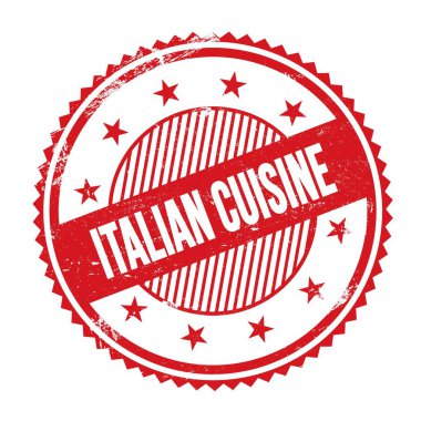 ITALIAN CUISINE text written on red grungy zig zag borders round stamp.