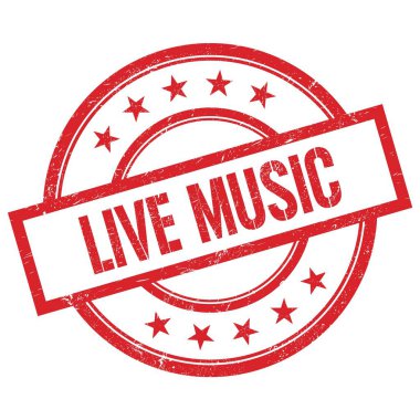 LIVE MÜZİK metin kırmızı yuvarlak vintage kauçuk damga üzerine yazılmış.