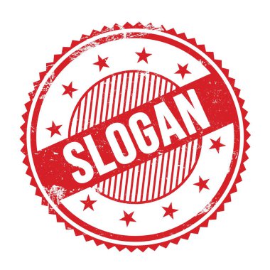 Kırmızı grungy zig zag kenarlarında yazılmış SLOGAN metni yuvarlak pul.