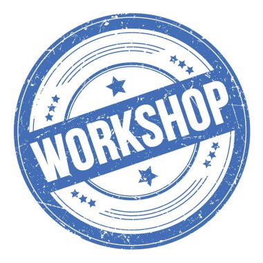 Mavi yuvarlak grungy doku damgası üzerine Workshop metni.