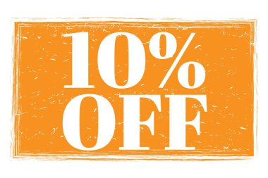 % 10 indirimli, turuncu pul üzerine yazılmış kelimeler.