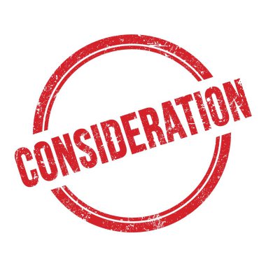 Kırmızı grungy vintage yuvarlak pul üzerine yazılmış CONSIDERATION metni.