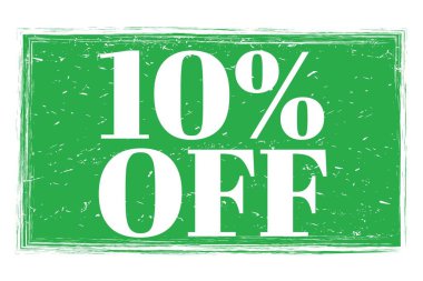 % 10 indirimli, yeşil mührün üzerine yazılmış kelimeler.