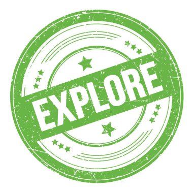 Yeşil yuvarlak grungy desen damgası üzerine ExPLORE metin.