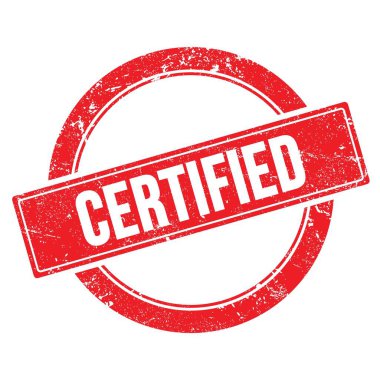 Kırmızı grungy yuvarlak vintage pulu üzerinde CERTIFIED metin.