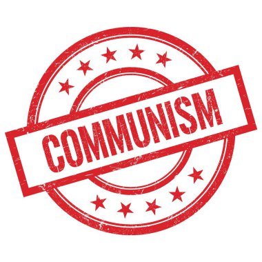 Kırmızı, yuvarlak, lastik damgalı COMUNISM metni.